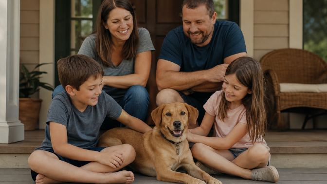 Family sitting on a porch with a medium-sized tan dog lying between two children