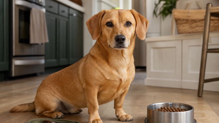 Tan Dachshund Lab mix sitting in a kitchen beside a food bowl and a coiled leash