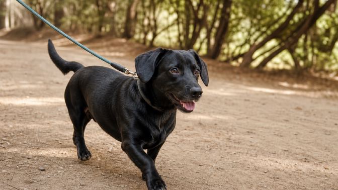 A black Dachshund Lab mix trotting on a leash along a dirt path with trees behind