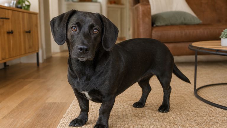 Curious black dog with a long body and drop ears looking directly at the camera