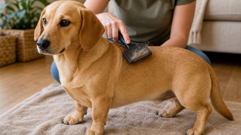 A yellow Dachshund Lab mix being brushed on a towel, loose hair visible on the brush