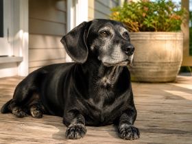 An older Dachshund Lab mix with a graying muzzle lying on a porch in the sun