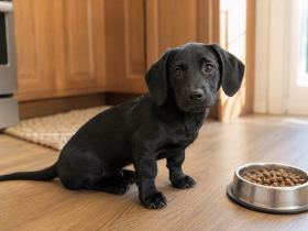 A black Dachshund Lab mix puppy sitting on a kitchen floor next to a food bowl