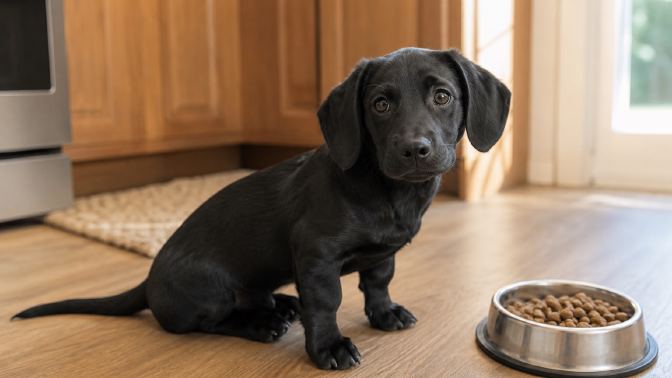 A black Dachshund Lab mix puppy sitting on a kitchen floor next to a food bowl
