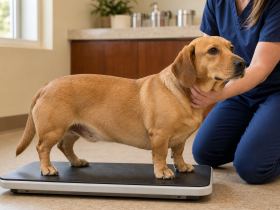 Medium-sized tan dog with short legs standing on a veterinary scale
