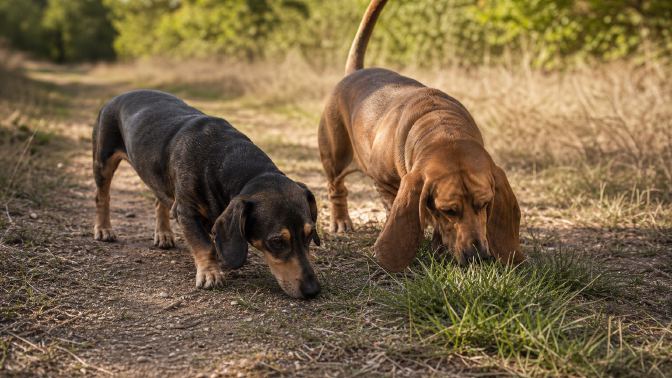Two low-slung dogs sniffing a grassy trail together, one with long Basset-style ears