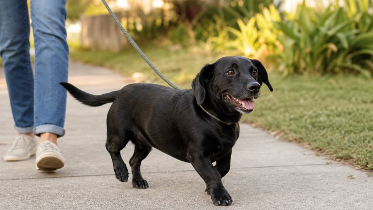 Short-legged black Lab mix trotting on a leash along a suburban sidewalk