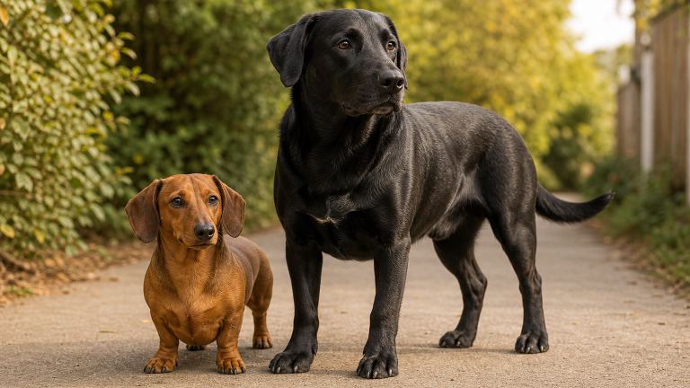 Smooth red Dachshund standing beside a larger black Dachshund Lab mix on a sidewalk