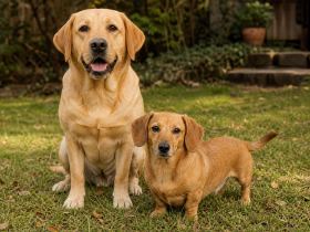 Adult yellow Labrador Retriever sitting beside a shorter-legged tan mixed-breed dog on a lawn