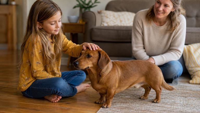 Child sitting calmly on the floor petting a long-bodied brown dog, parent nearby
