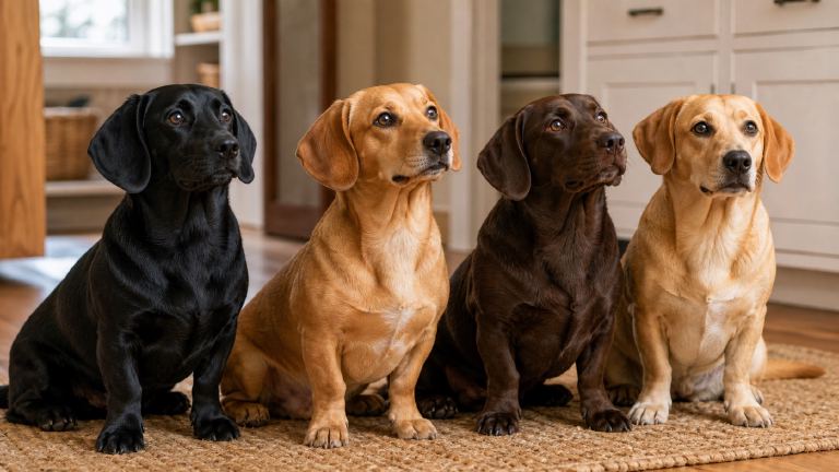 Several Dachshund Lab mix dogs in different colors, black, tan, and chocolate, sitting together