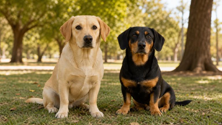 Yellow and black Dachshund Lab mixes sitting side by side in a park