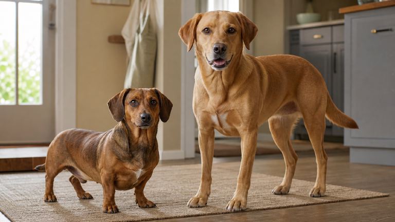 Two Dachshund Lab mixes with very different builds, one low and long, one taller and Lab-like