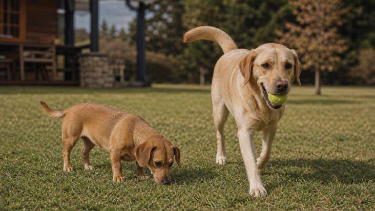 Yellow Labrador retrieving a ball while a smaller long-bodied dog sniffs the grass nearby